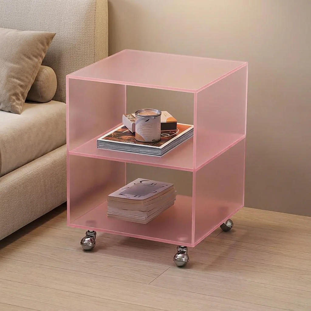 vw-Custom Modern Acrylic Folding Removable Side Table with Wheels for Apartment Hotel Living Room Bedroom Bedside Console Table~