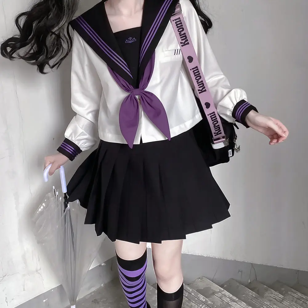 Uniforme per ragazze delle scuole superiori Abito da marinaio giapponese Seifuku Cravatta viola Studente coreano Kawaii JK Uniforme Cosplay Gonna in pelle bianca