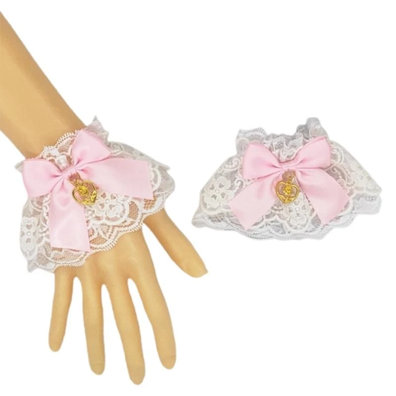 R1WE – Bracelet en dentelle à volants, fait à main, avec pendentif en forme cœur, avec nœud papillon, Anime main