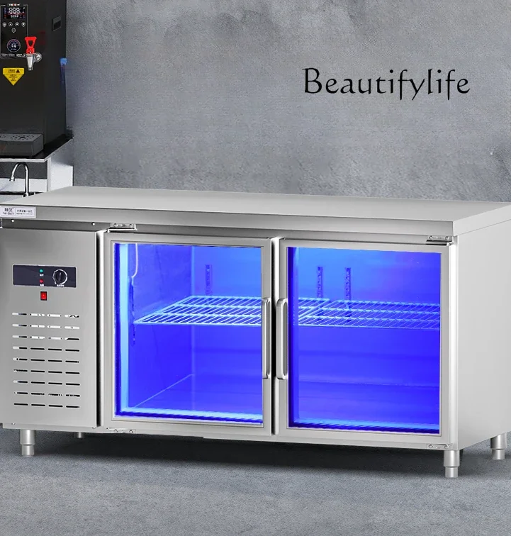 Refrigerated Table Commercial Console Blue Light Stainless Steel Frozen Kitchen Freezer Flat Cabinet