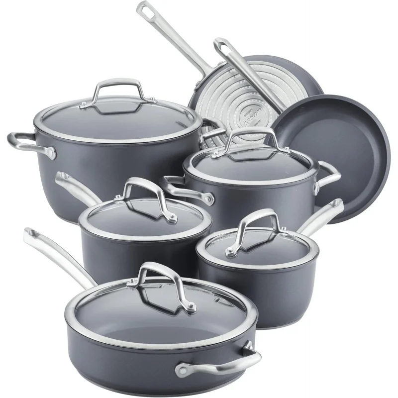 12Pc Forged Hard Anodized Nonstick Cookware Set, Induction Ready Pots & Pans, Moonstone Gray, Dishwasher & Oven Safe