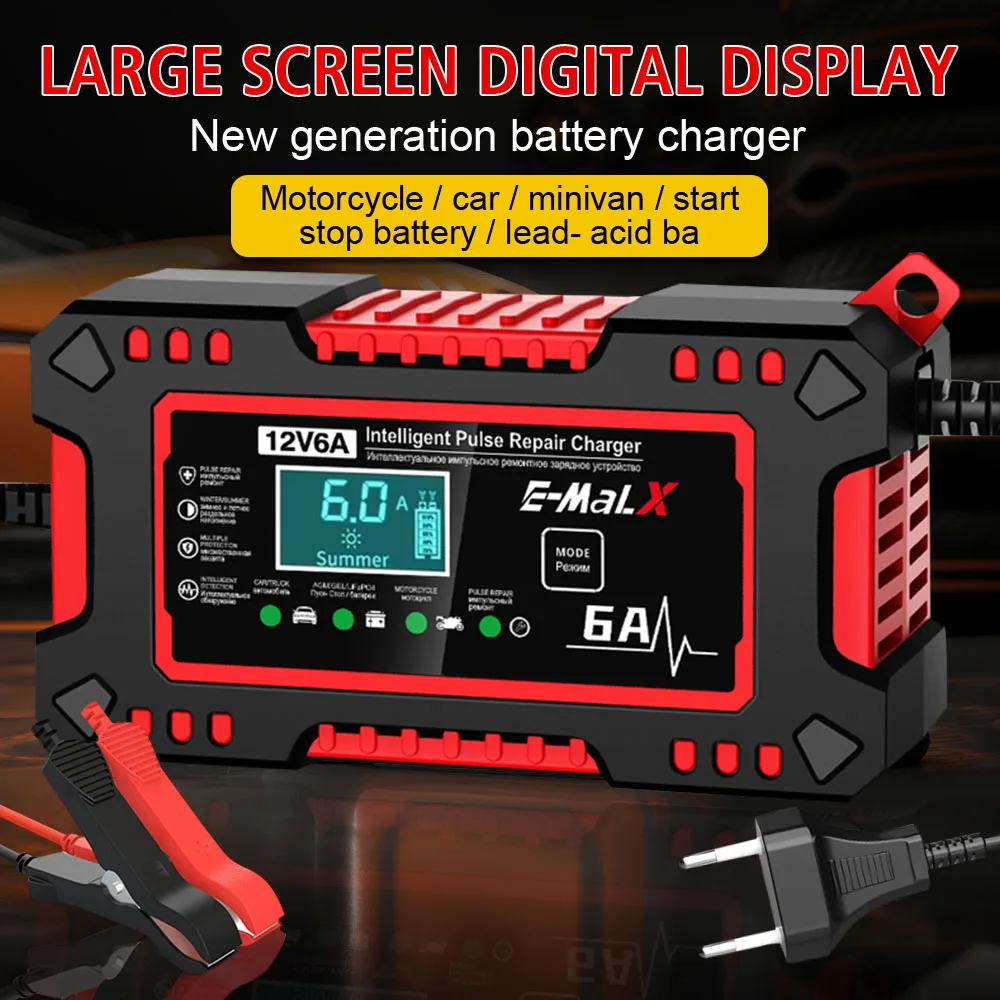 

For SUV Motorcycle Truck Intelligent Pulse Repair Voltage Temperature Detection Car Battery Charger Digital LCD Display 12V 6A