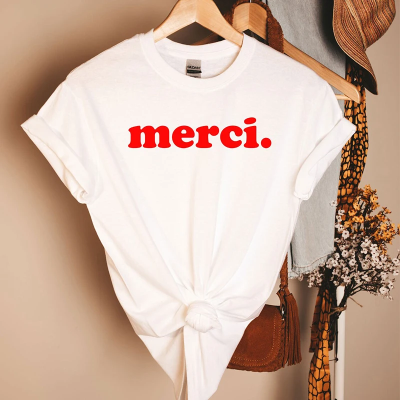 Merci Letter Printed French Saying Fashion Women T Shirts Thank You Streetwear Tops Cotton Oversized T-shirt Womens Clothing