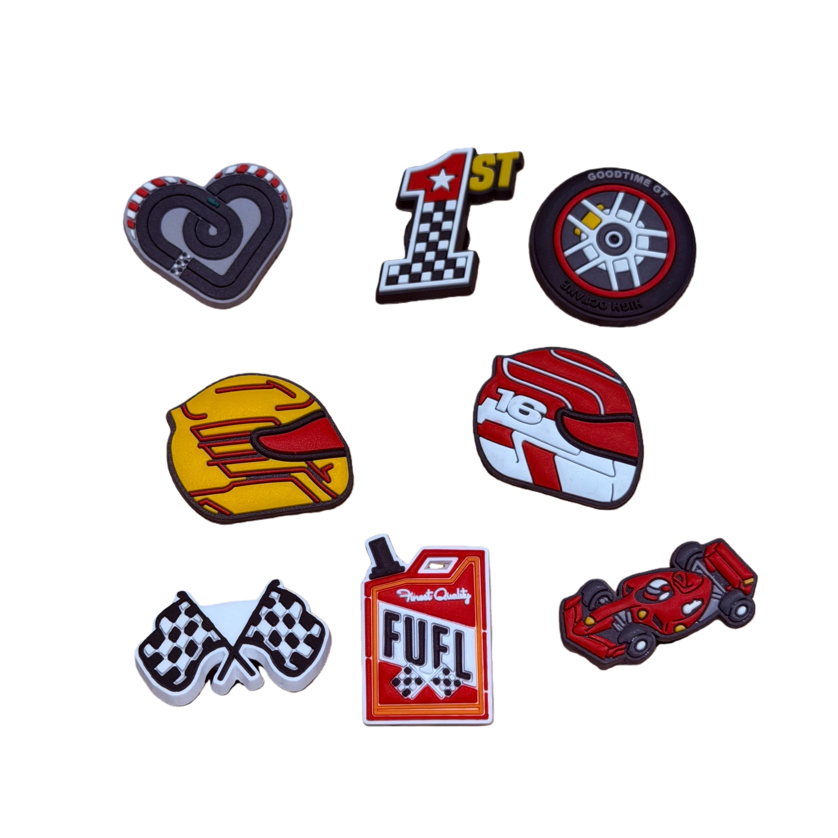 8-100Pcs Cartoon Racing Car Fuel Flag Helmet Pvc Garden Shoe Charms Decorations for DIY Bracelets Sandals Shoes Accessories 