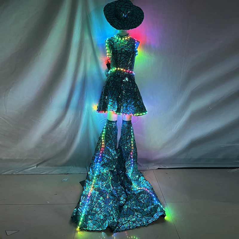 

Women LED Stilts walker pants cover Shining Women's Birthday Party Dress Sleeveless Shining Laser PU Bar DJ Gogo Dancer