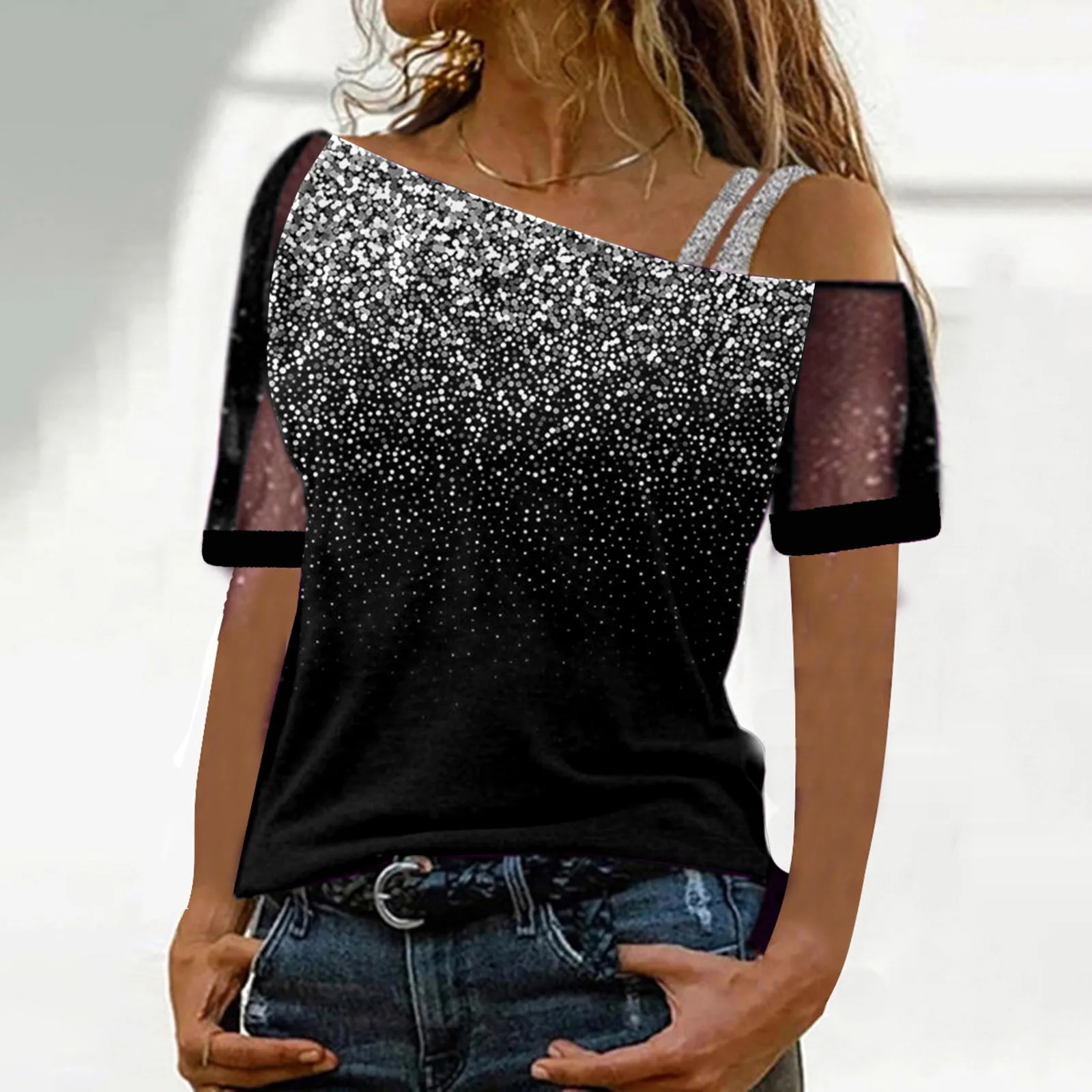 Sexy Women Shiny Top Shirt Summer Cold Shoulder Blouse Short Sleeve Sheer Top Clothing