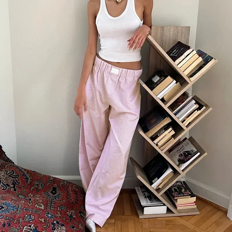 Pantalon à carreaux taille haute élastique pour femme, jambe large, vêtements de détente des années 2024, mode estivale, fjwith Pockets, Y2K, 2000