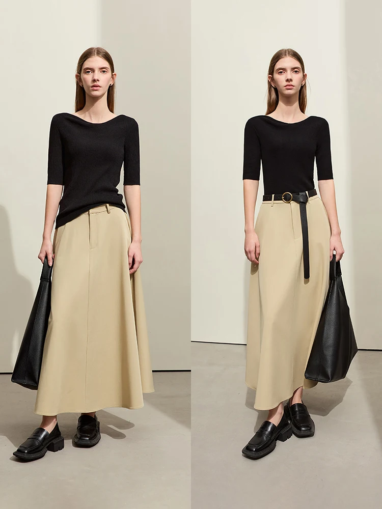 AMII Minimalism Knitwears For Women 2024 New Spring Slim Mid-sleeve Slash Neck Basics High Stretch Solid Tops Female 12421053