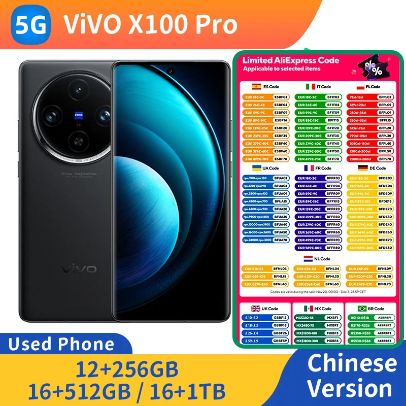 هاتف ذكي Vivo X100 Pro 5g يعمل بنظام أندرويد وحدة المعالجة المركزية الأبعاد 9300 شاشة 6.78 بوصة 100 وات شحن 50.0 ميجابكسل هاتف مستعمل أصلي