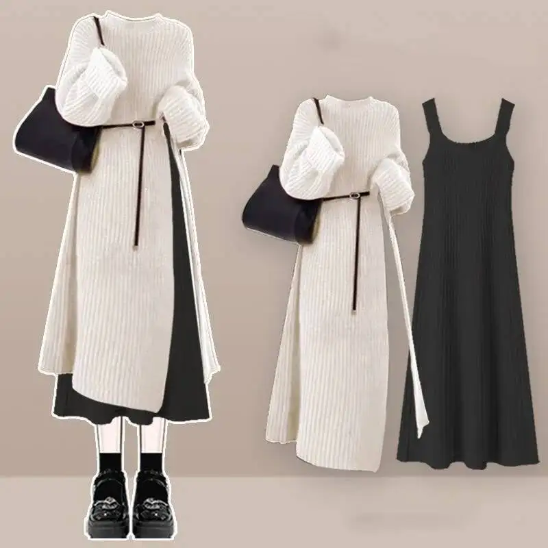 

Women's Spring Autumn Long Split Sweater Sling Dress Two Piece Set Lady Graceful Black Knit Clothing Sleeveless Dresses Outfits