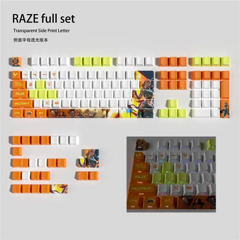 Raze keycaps VALORANT full set cherry Profile Transparent Side Print Letter PBT dye sub keycaps game keycaps