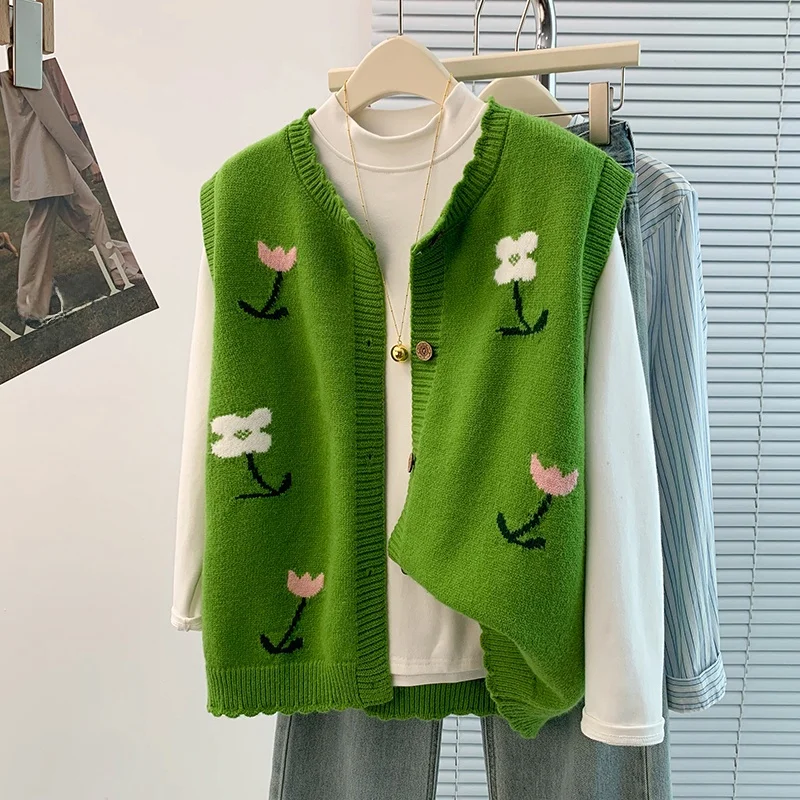 Luźny kardigan bez rękawów z kwiatowym haftem, modny, jesienno-zimowy, nowy, dla kobiet plus size...