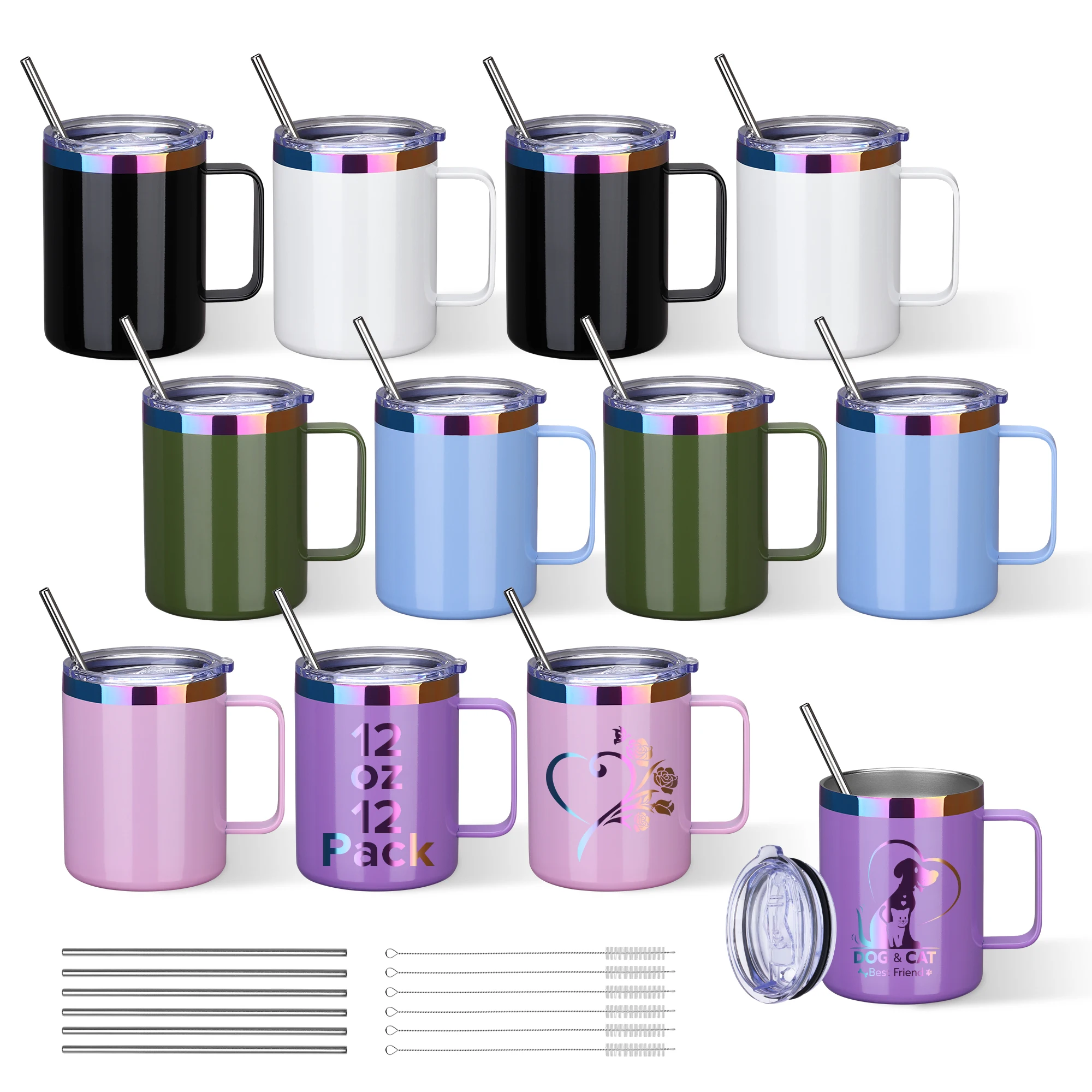 

Rainbow Coffee cup,12 Pack 12 oz Insulated Stainless Steel Travel Mug,Suitable for laser engraving,Home,Office(Assorted Colors)