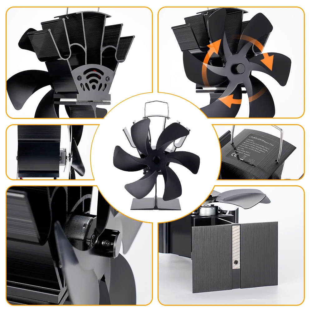 Black Fireplace 6 Blades Heat Powered Stove Fan komin Log Wood Burner Eco Friendly Quiet Fan Home Efficient Heat Distribution