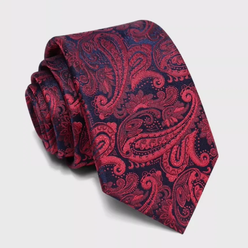 High Quality 100% Silk Handmade Fashionable Style Deep Red Cashew Flower Silk Tie For Men's Formal Business Banquet 7cm Necktie