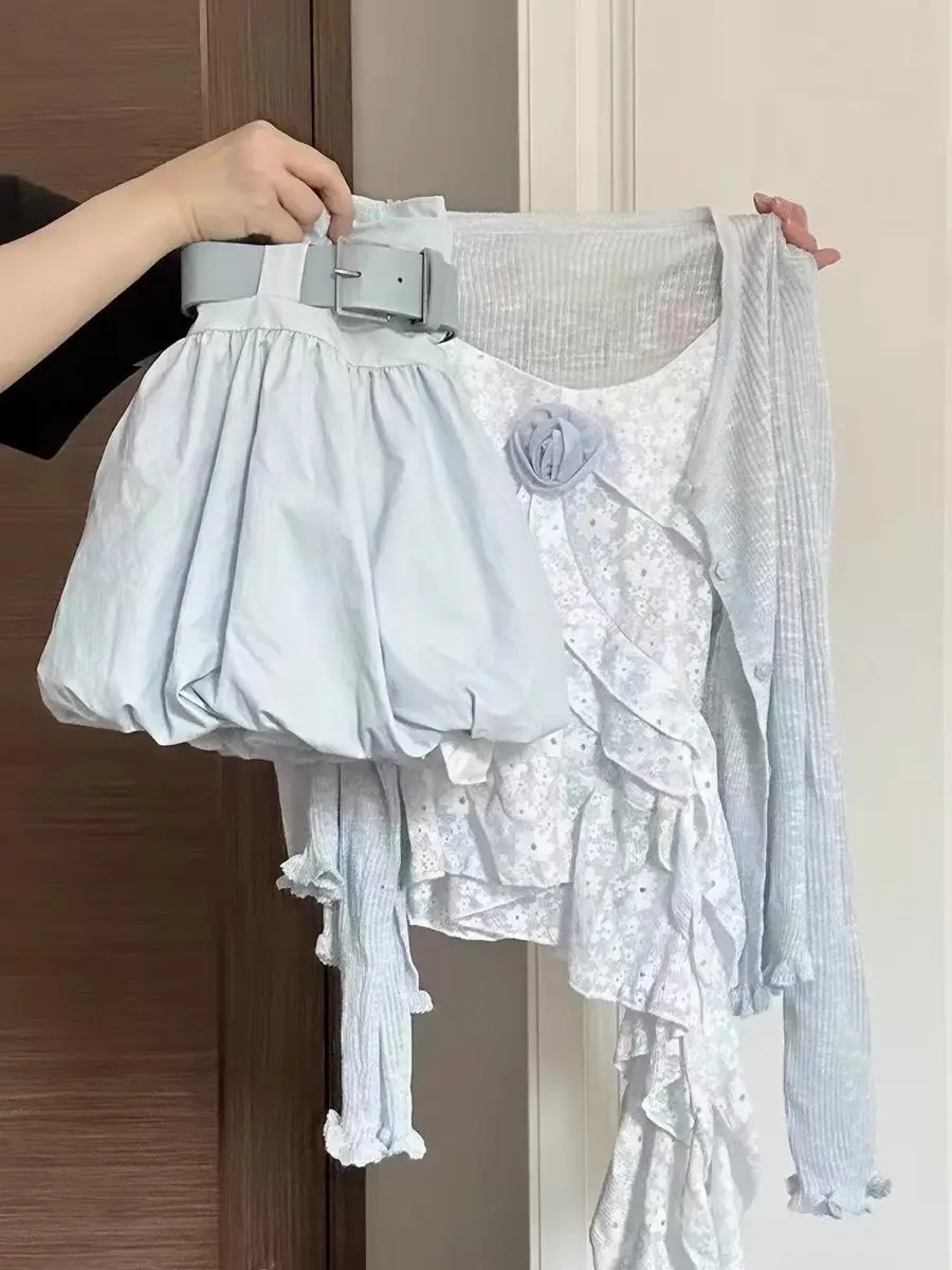 

Summer Unique Beautiful Large Size Knitted Set Women's Sleeveless Shirt with Bouffant Skirt And Short Dress Three Piece Set