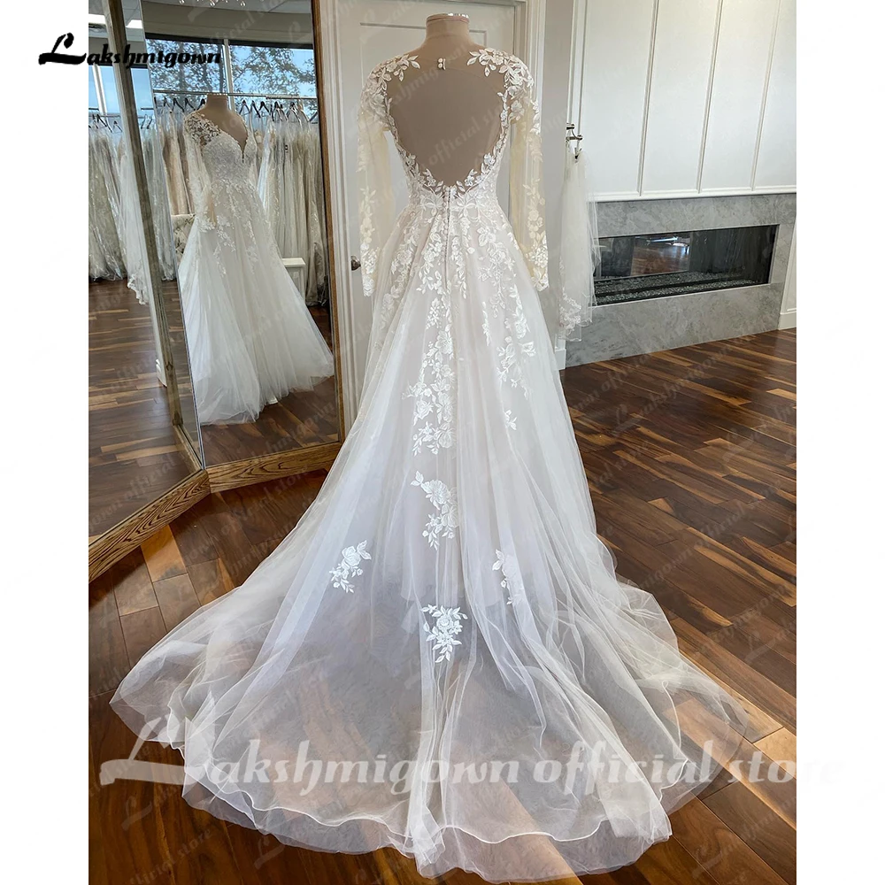 Lakshmigown A-Line V-Neck Long Sleeves Wedding Dress for Beach Bead Appliques Backless Sweep Train Party Dresses for Wedding