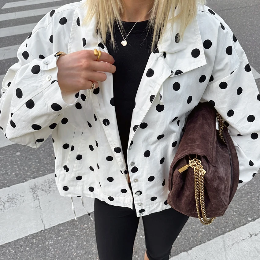 

Linad Street Chic Polka Dot Stand Collar Blouse Woman Autumn Casual Loose Single Breasted Tops For Woman Outdoor Shirts Female