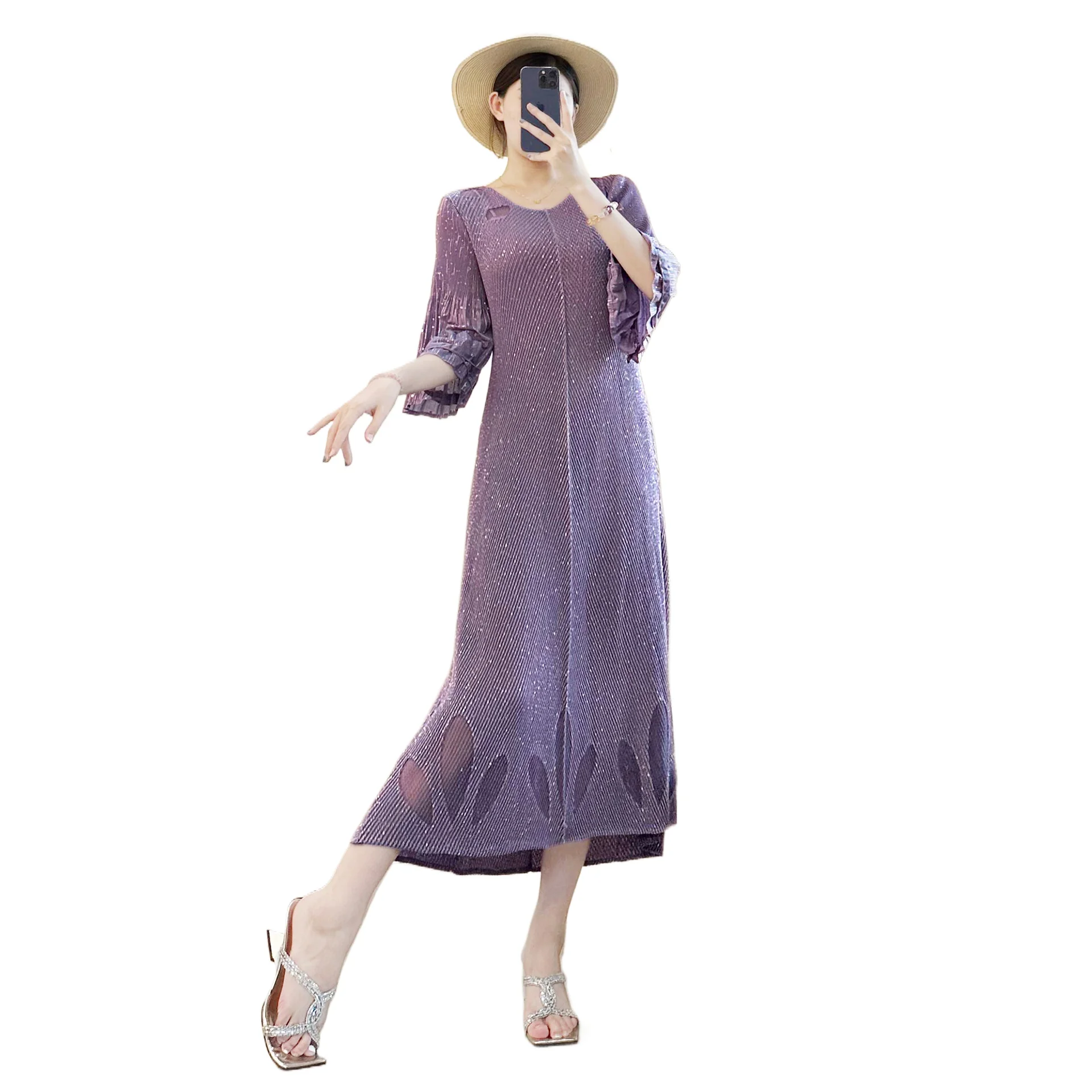 

Miyake Semitransparent Patchwork Hem Women's Pleated Dress Niche Gold Foil Printing Flare Sleeve Chic Famale Clothing