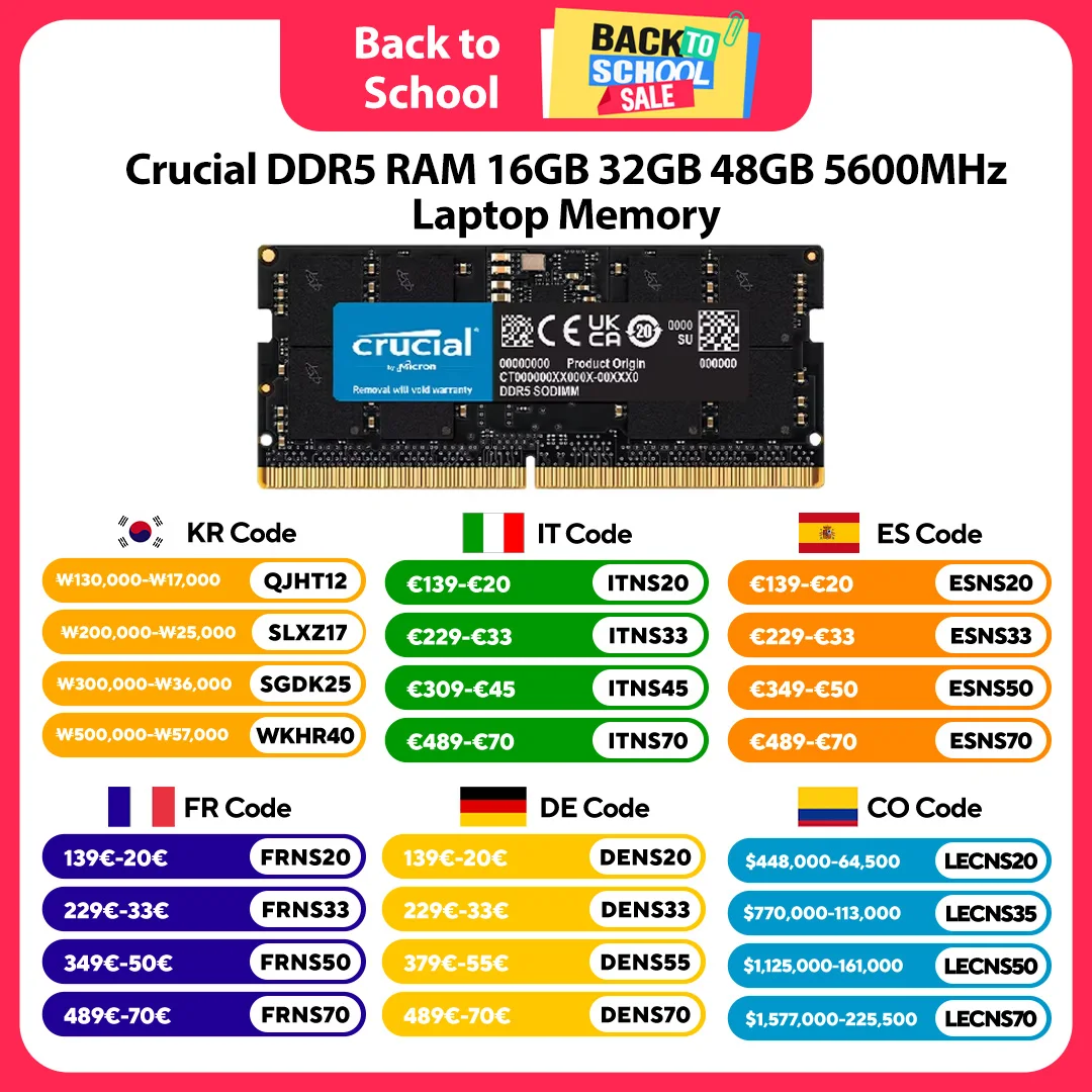 Crucial DDR5 RAM 16GB 32GB 48GB 5600MHz Laptop-Speicher 262-Pin SODIMM Kompatibel mit Intel und AMD