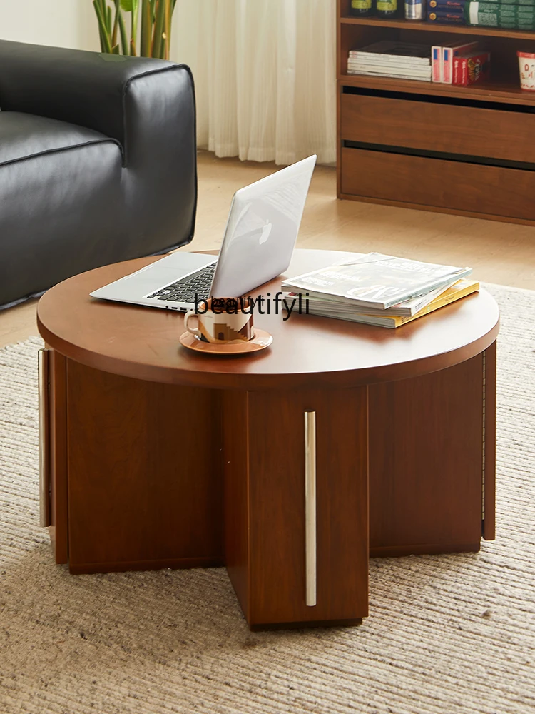 

Retro Solid Wood Coffee Table Boxwood Living Room Round Storage Coffee Table Small Apartment Round Table