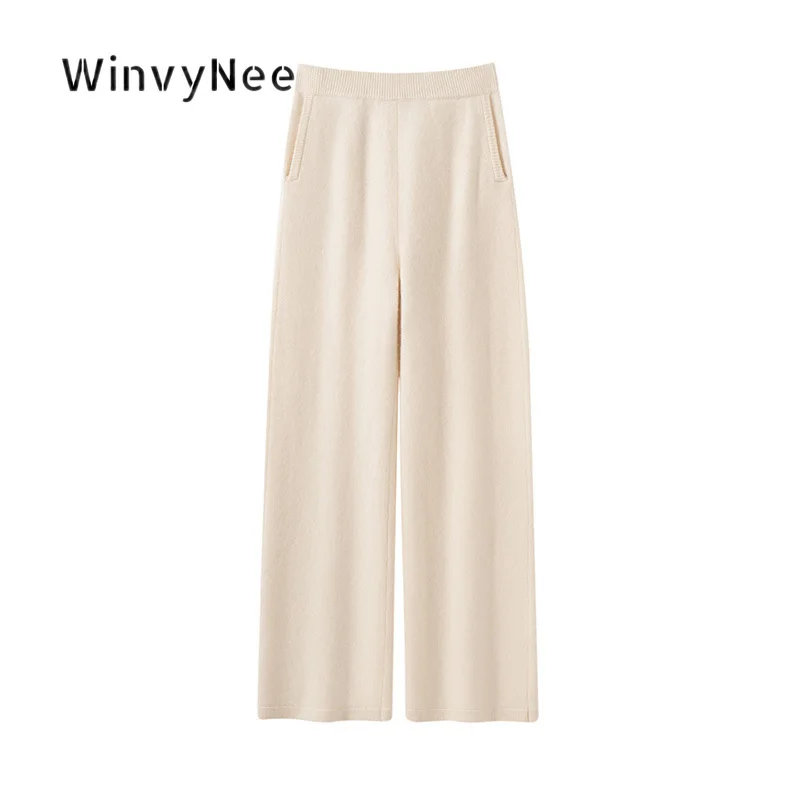 WinvyNee Women Knit Slacks Cashmere Banana Pants Hidden Side Pockets Warm Urban Loose Street Soft Daily Fashion Outfit  F1044074