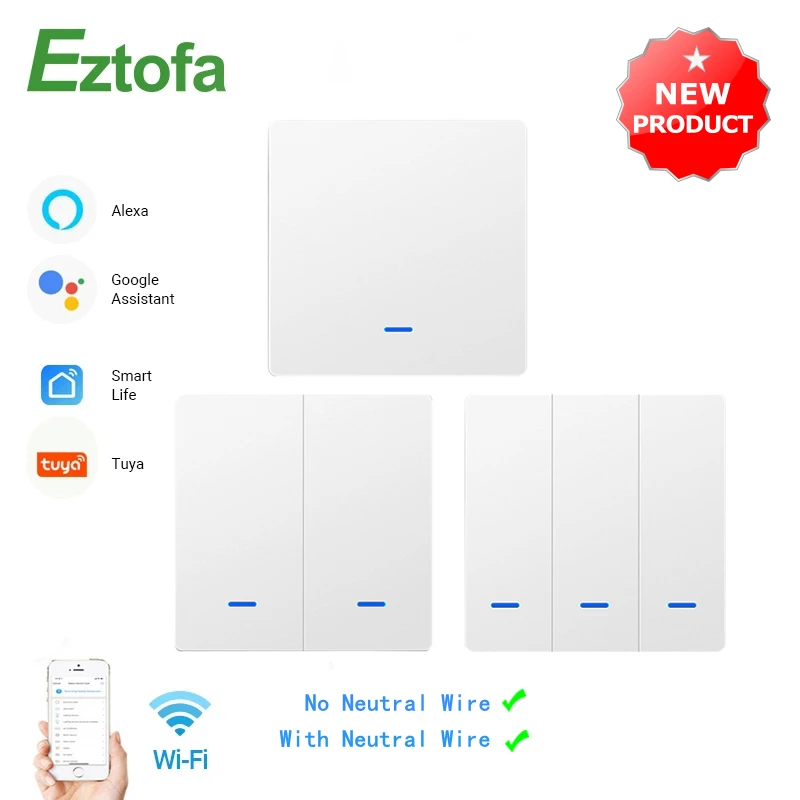 

WiFi Smart Push Button Switch RF433 EU/UK 220V No Neutral Required Tuya Alexa Google Home Voice Control 2/3 Way