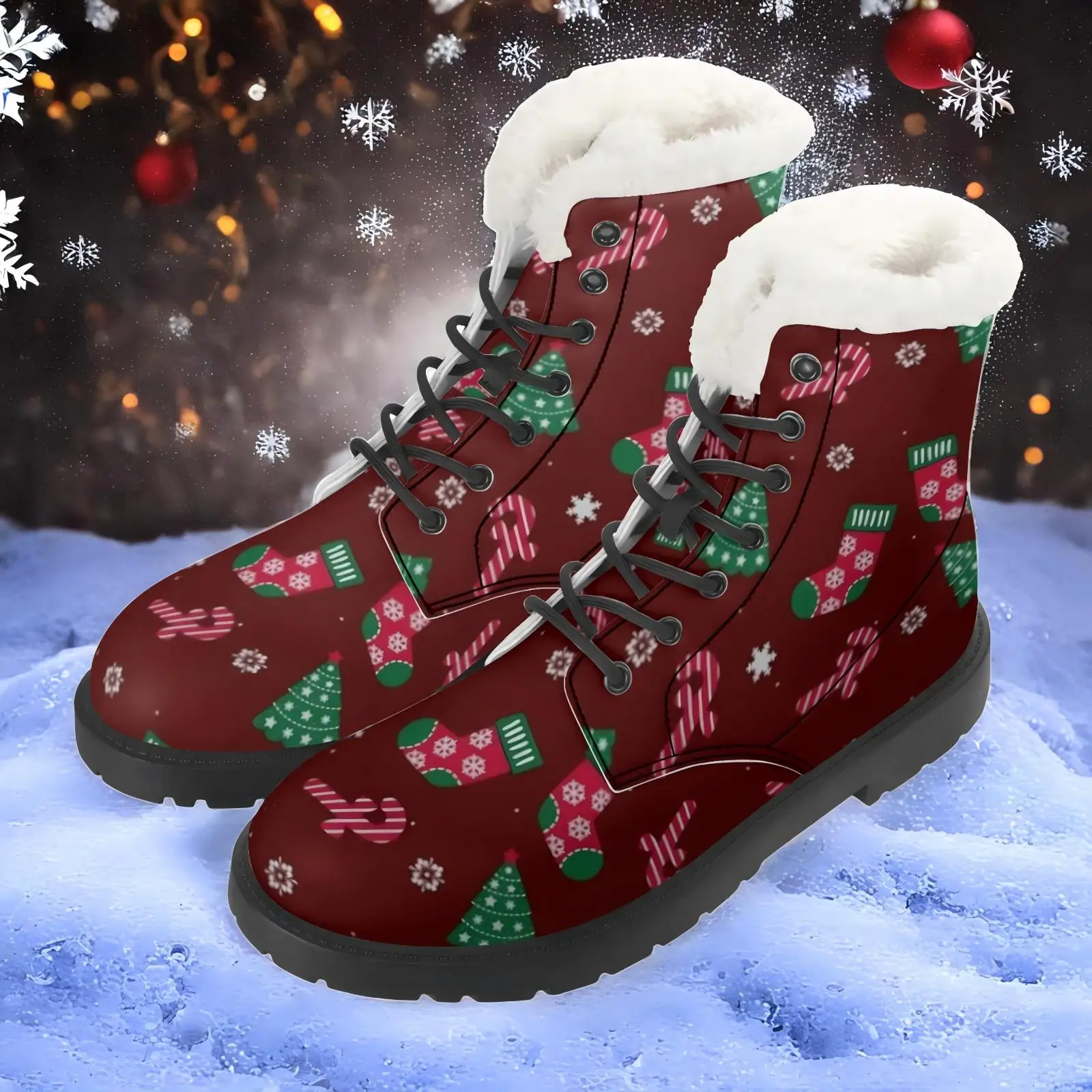 Christmas elements red printed plush boots casual boots mid-calf boots fashionable classic versatile autumn and winter boots