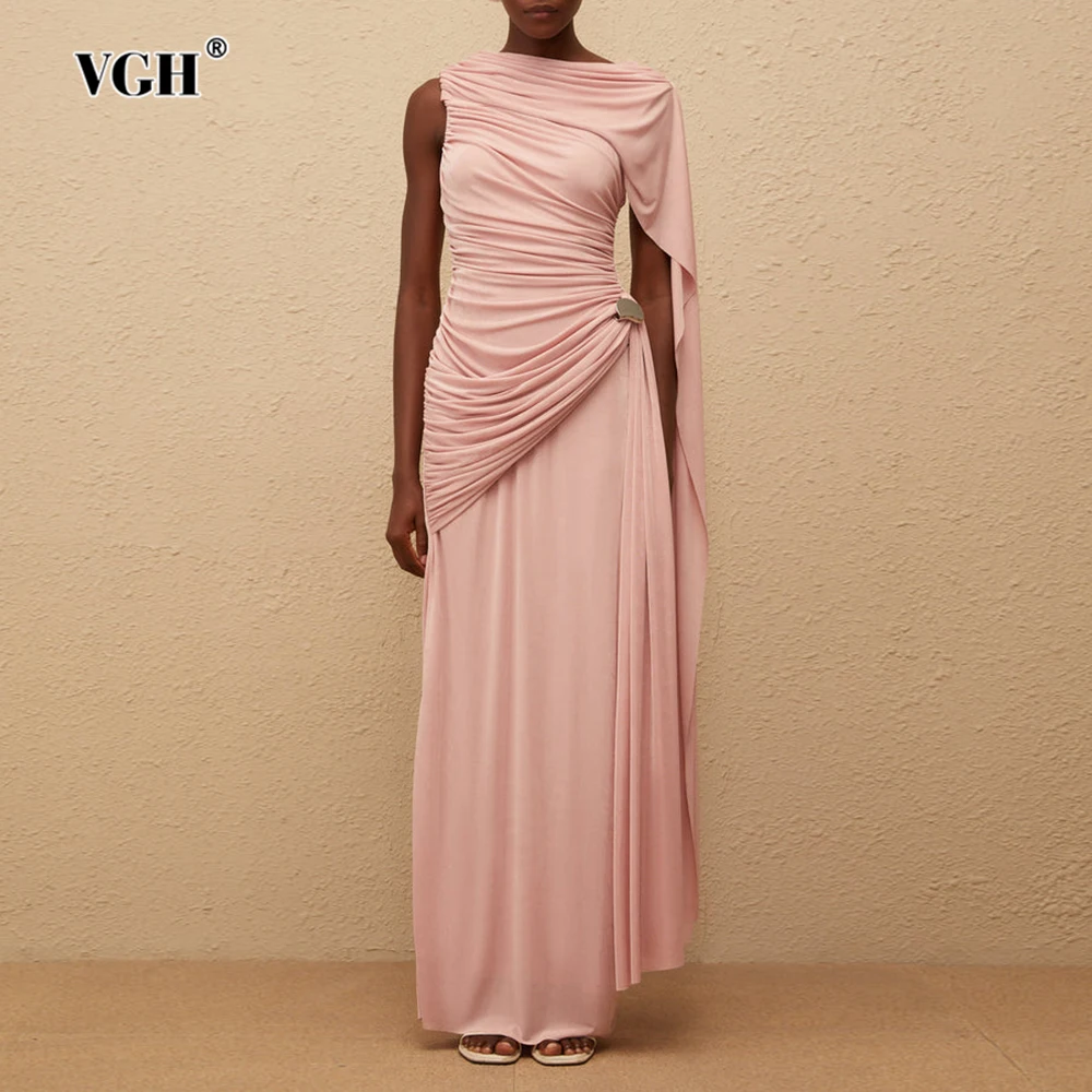

VGH Formal Evening Party Hostess Dress for Women O Neck Sleeveless Simple High End Pleated Shawl Design Dresses Female Clothing