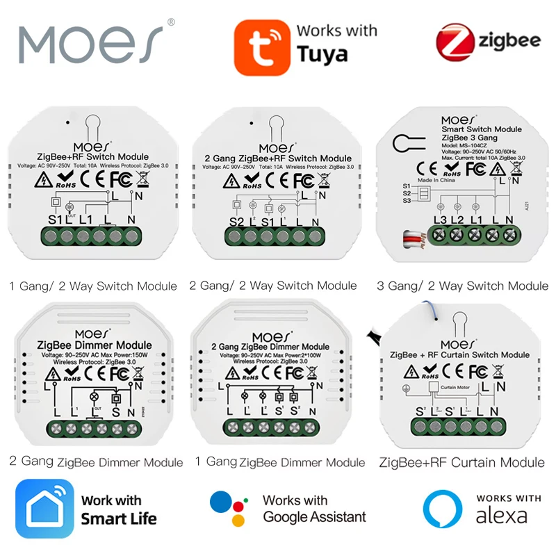 

MOES Tuya Smart ZigBee3.0 Модуль переключателя Smart Dimmer Curtain Switch Smart Life App Дистанционное управление работает с Alexa Google Home