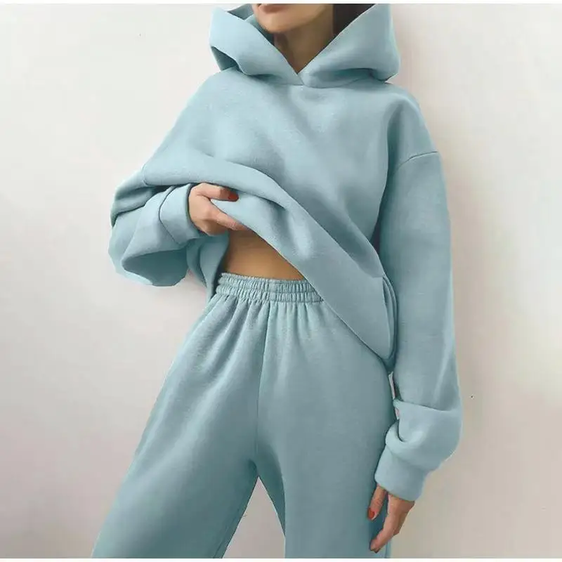 

Women's Thick Long Sweatshirt And Pants Set Winter Casual Style Pure Color Patchwork Long Sleeve Three-piece Suit