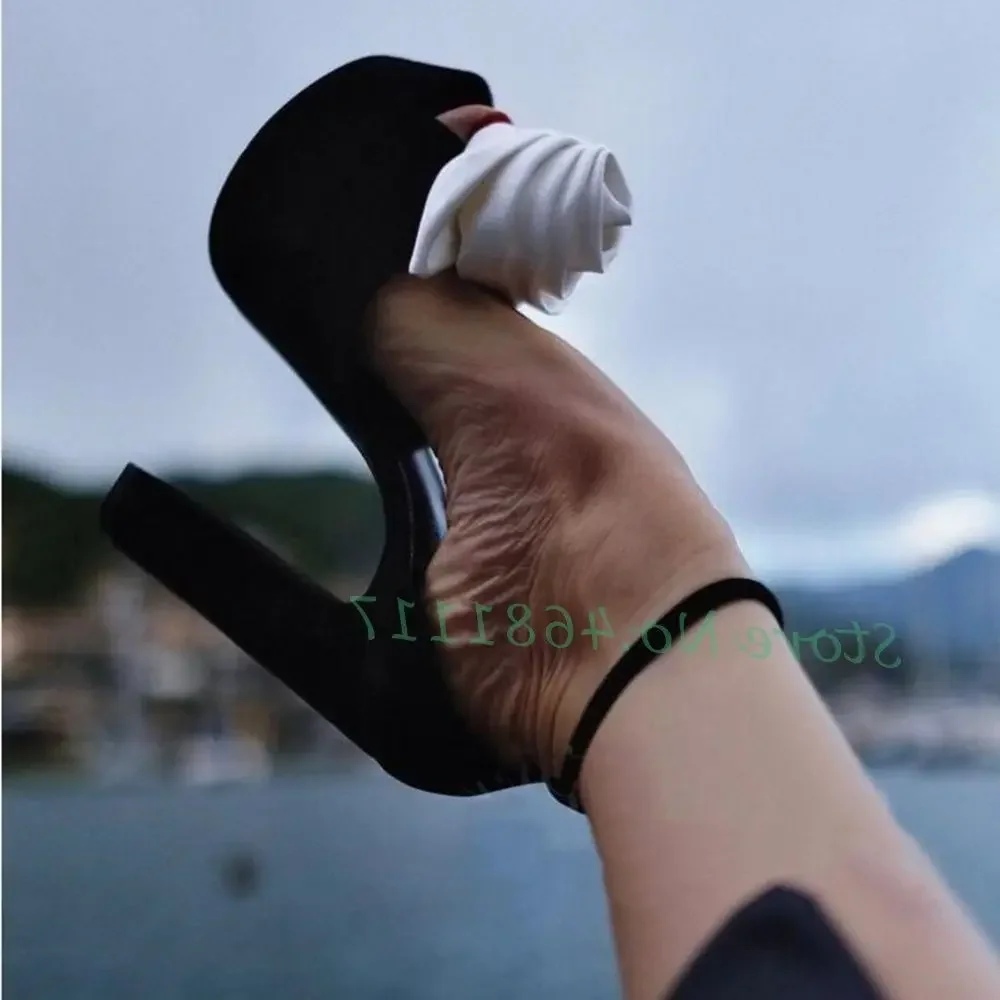 

White Flower Platform Heels Sandals Women Elegant Peep Toe Suede Super High Block Heels Ankle Strap Summer Black Luxury Sandals