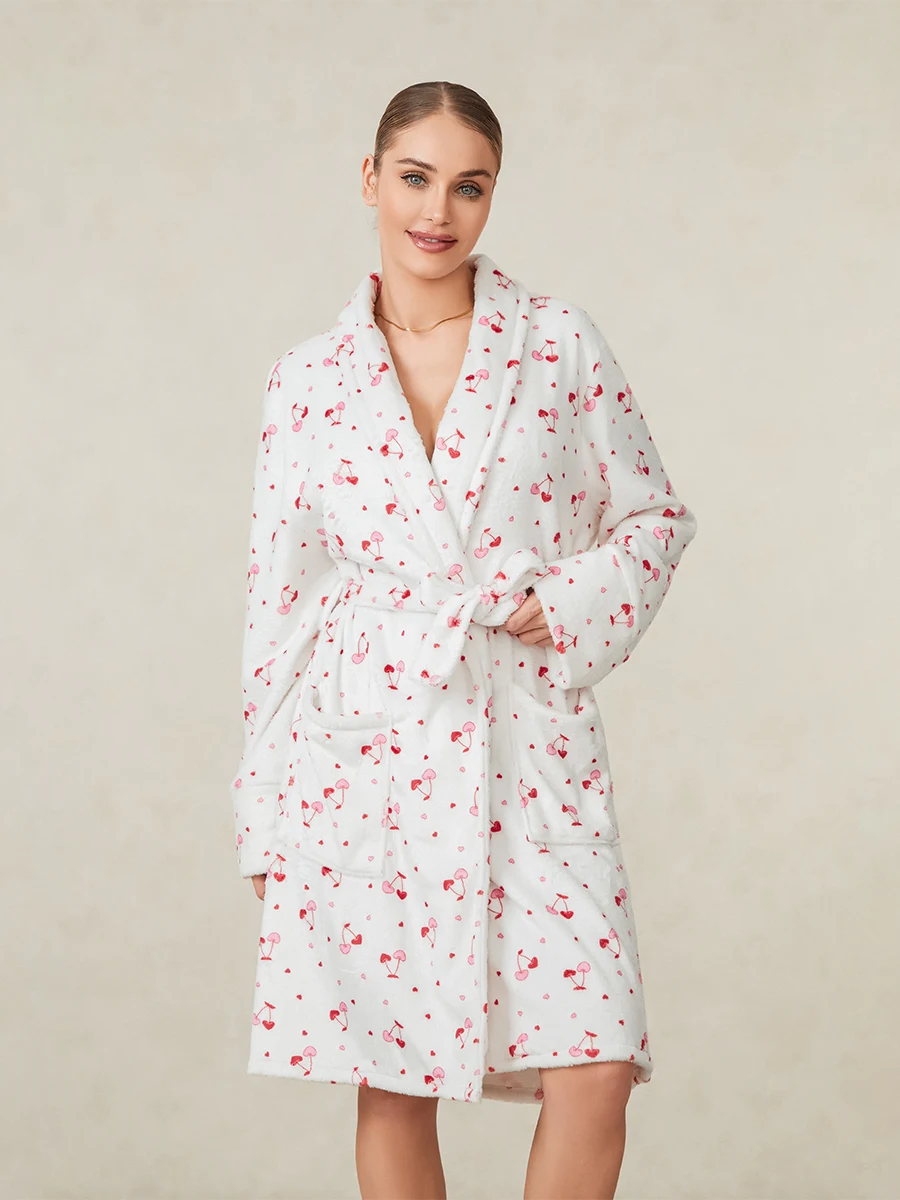 Women Dressing Gown Robe Cherry Print Shawl Collar Bathrobe for Hotel Spa Party Kimono Robe with Belt