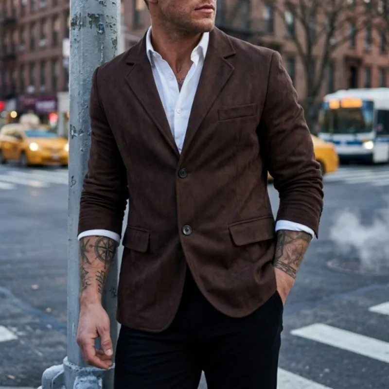 Vintage Turn-down Collar Casual Blazer Jacket Fashion Solid Color Single Button Outerwear Autumn Daily Casual Slim Jacket Men