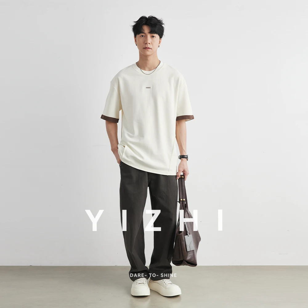 Men's Heavyweight 220g Contrast Cuff Small Label T-Shirt Summer Crew Neck Loose Breathable Skin-Friendly Textured Short Sleeve