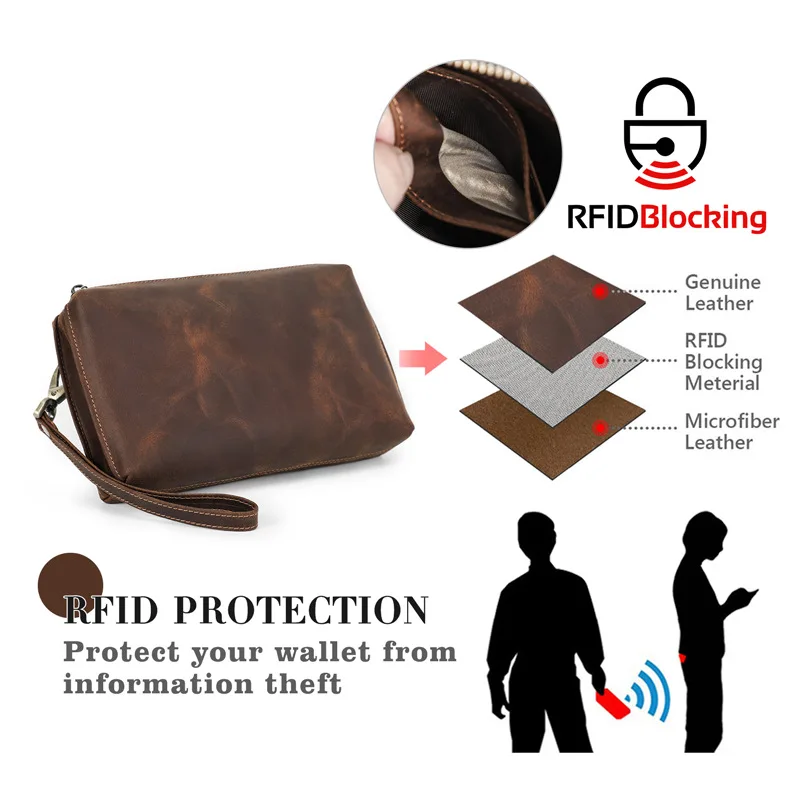 HTS-MC1028 RFID anti-theft brush retro crazy horse leather men's handbag with wrist strap and mobile phone storage bag
