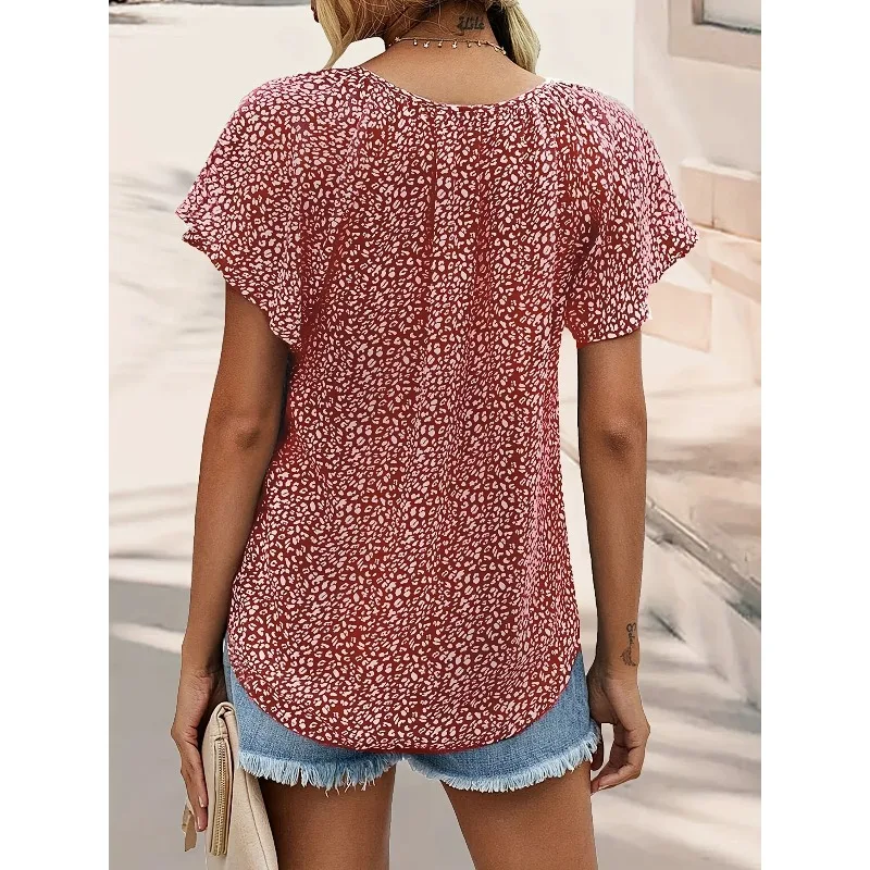 حجم كبير 1XL-5XL الخريف المرأة الربيع الصيف منقوشة طباعة طويلة الأكمام تي شيرت برقبة على شكل v السيدات موضة بلوزة طويلة الأكمام #2