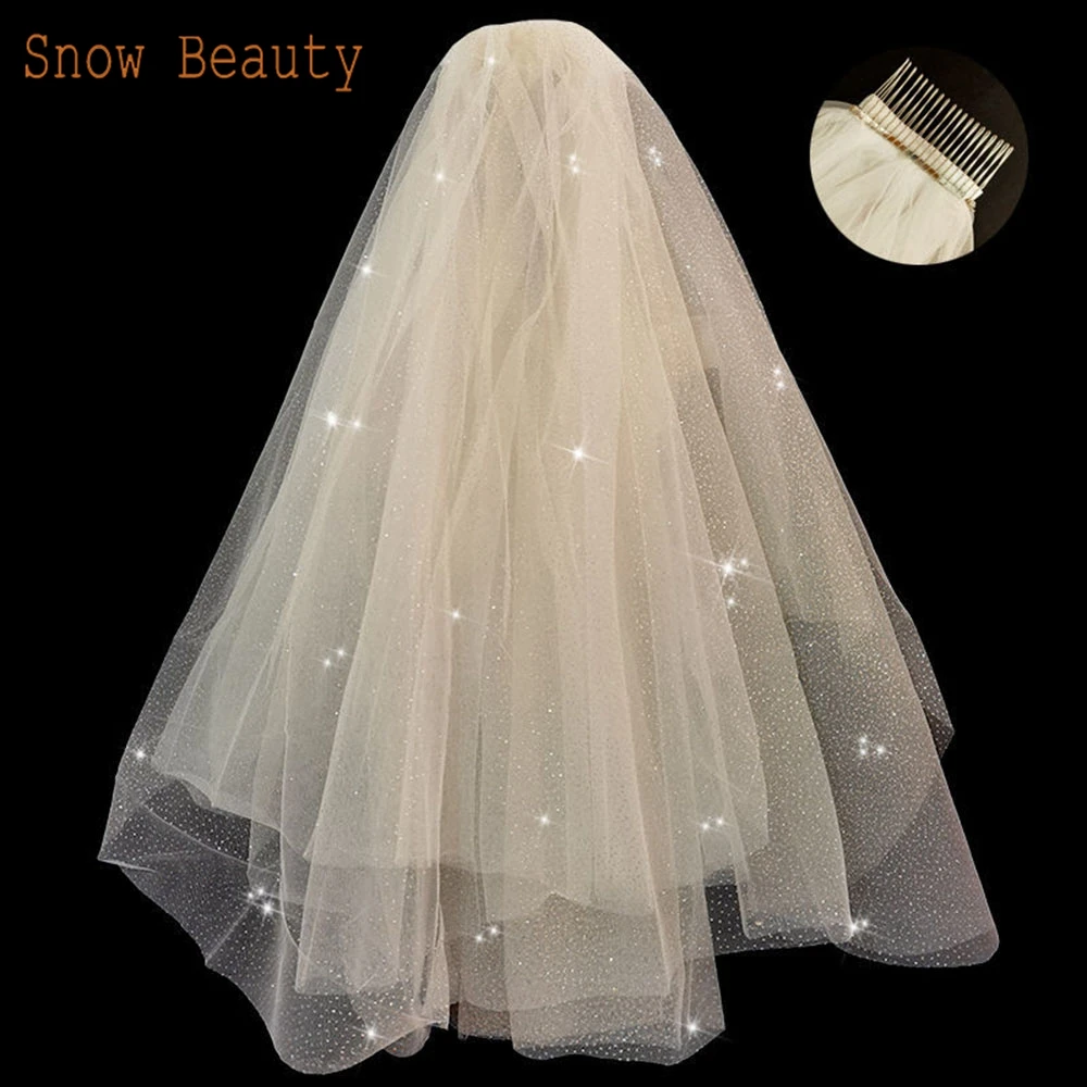 

B60 2025 in Stock Short Tulle Wedding Veils Champagne Two Layer With Comb Bridal Veil for Bride for Marriage Wedding Accessories