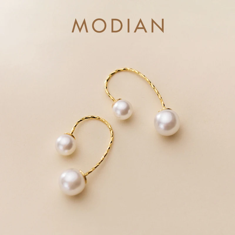 Modian Fashion Genuine 925 Sterling Silver Gold Color Elegant Pearl Dangle Earring for Women Hook Earring Fine Jewelry Brincos