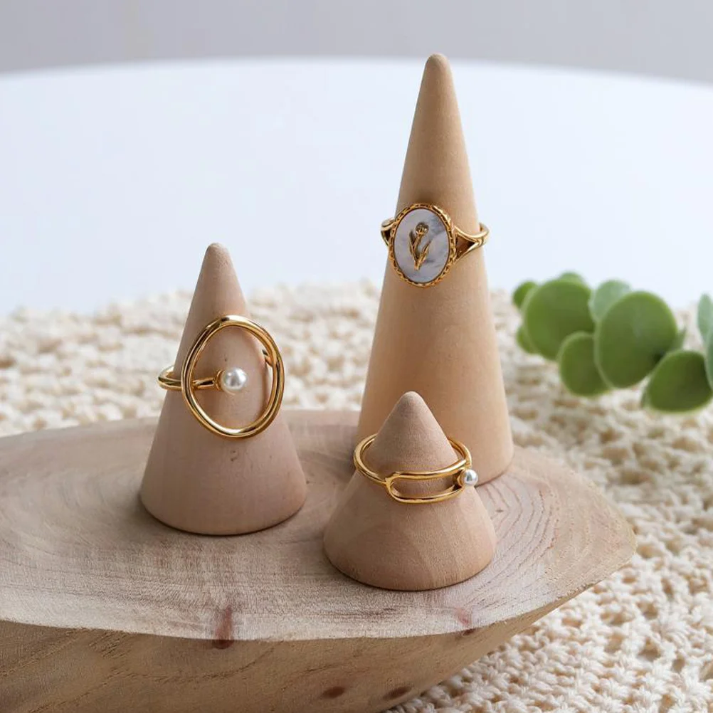 3 قطعة حامل عرض حلقي خشبي مخروطي الشكل حامل حلقي منظم لمتجر المجوهرات عرض الخشب حامل حلقات سطح المكتب