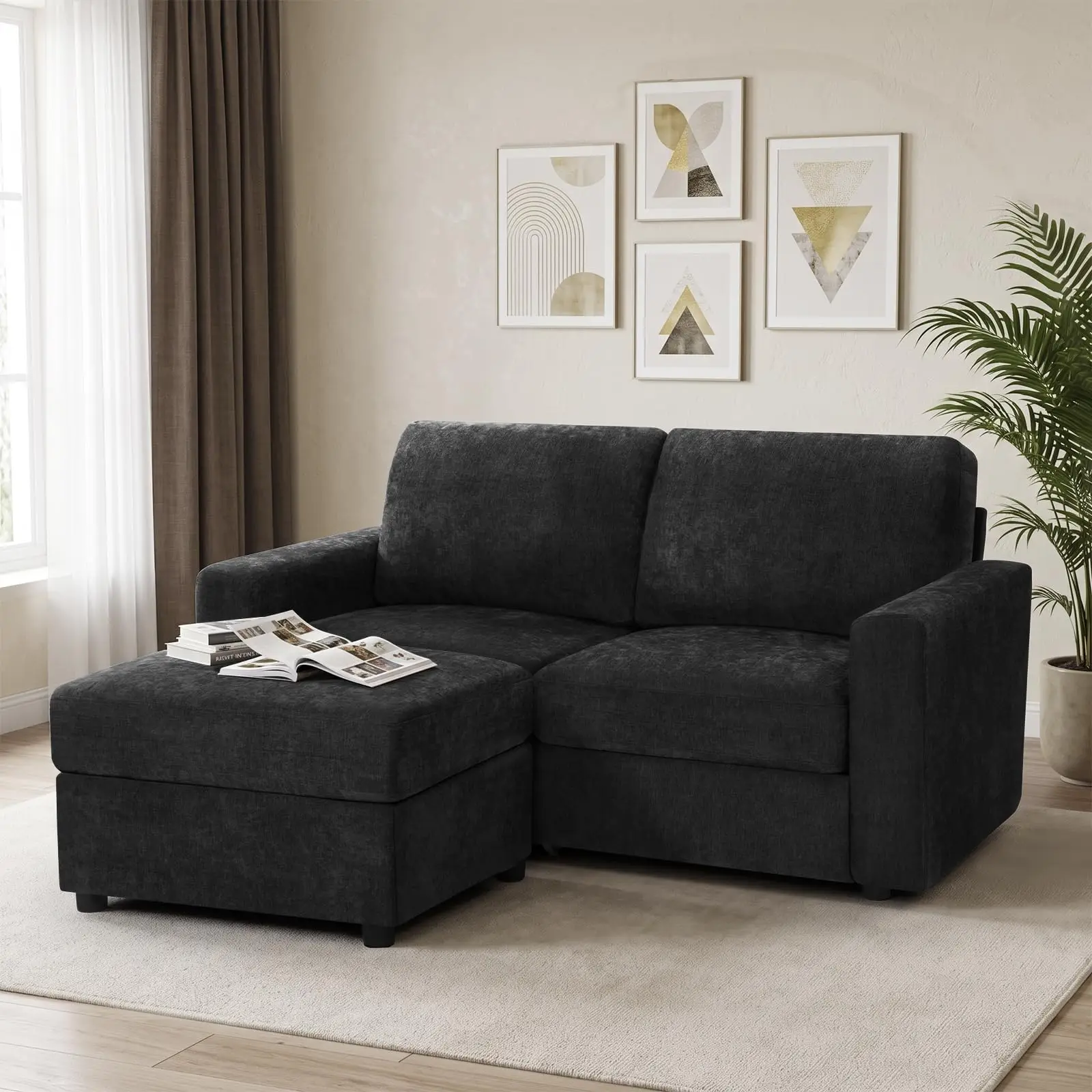 69” Chenille Loveseat Couch W/Movable Ottoman, Black