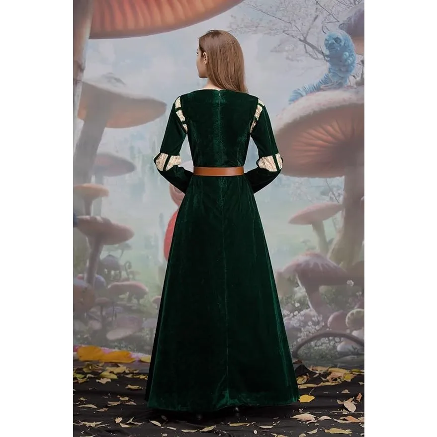 Women Merida Costume Brave Princess Dress Green Adult Renaissance Medieval Dress Cosplay for Halloween Outfits Dress Up Set