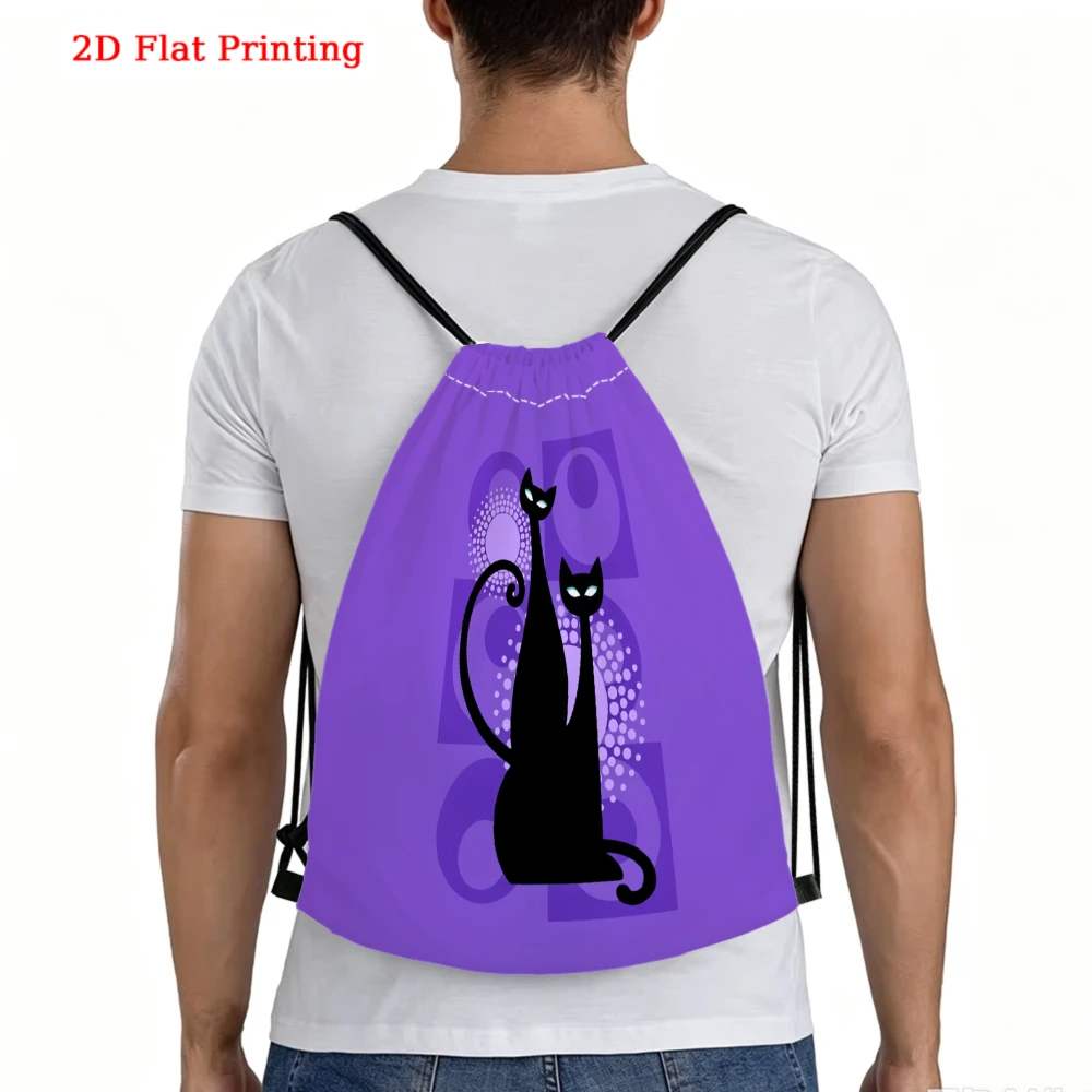 Cute Cat Pattern, Drawstring Backpack, 2D Flat Printing Black Cat Design, Gym Sports Bag, Outdoor Travel Drawstring Pack
