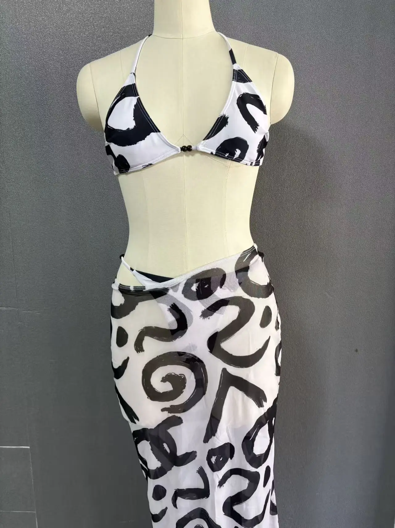 

Сексуальные треугольные бикини с боковыми завязками, женский купальный костюм из трех предметов с принтом и сеткой, длинный купальник с эффектом пуш-ап, пляжный купальник