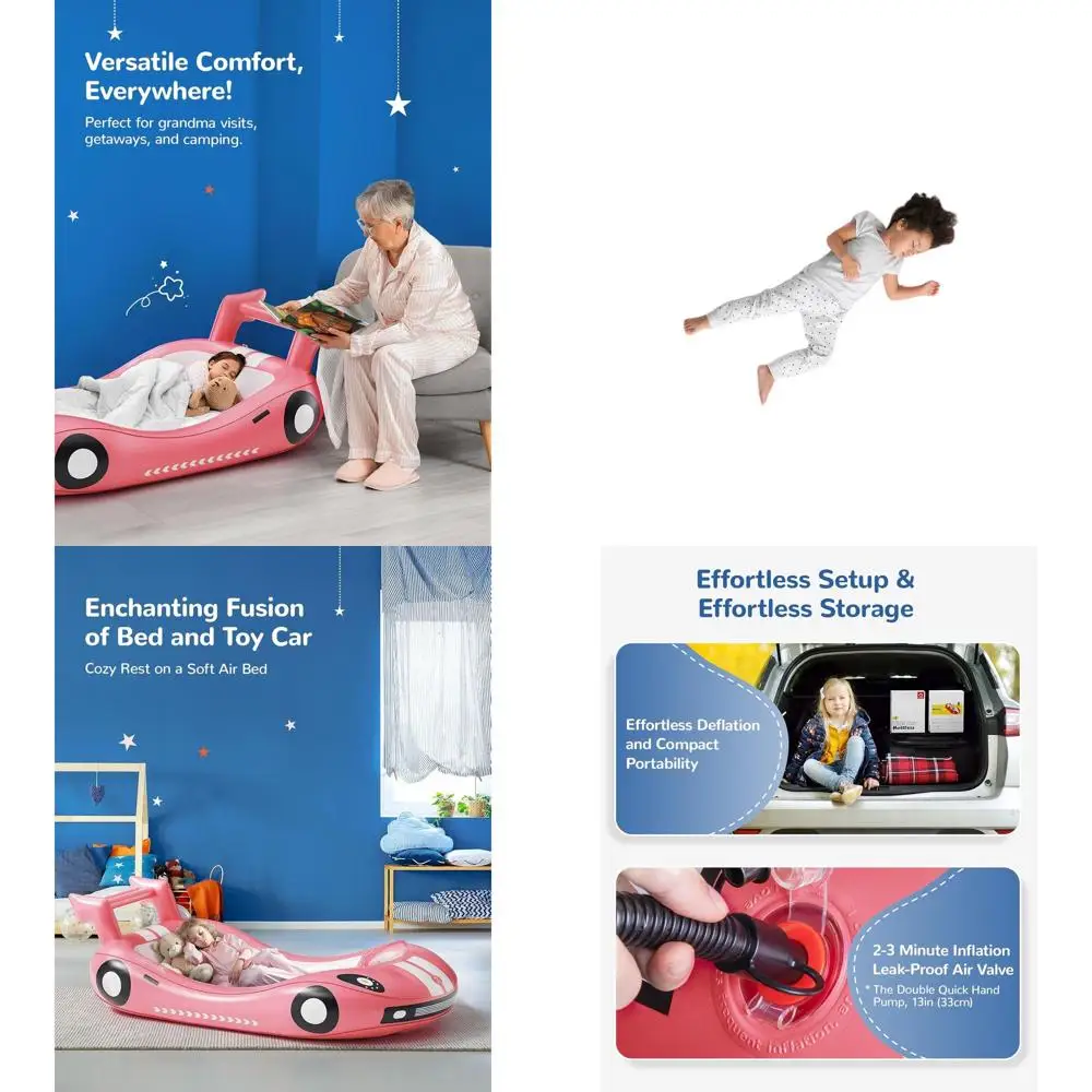 

Портативная розовая надувная кровать для малышей с боками, идеально подходит для кемпинга, путешествий, гостиницы или дома, включает ручной насос