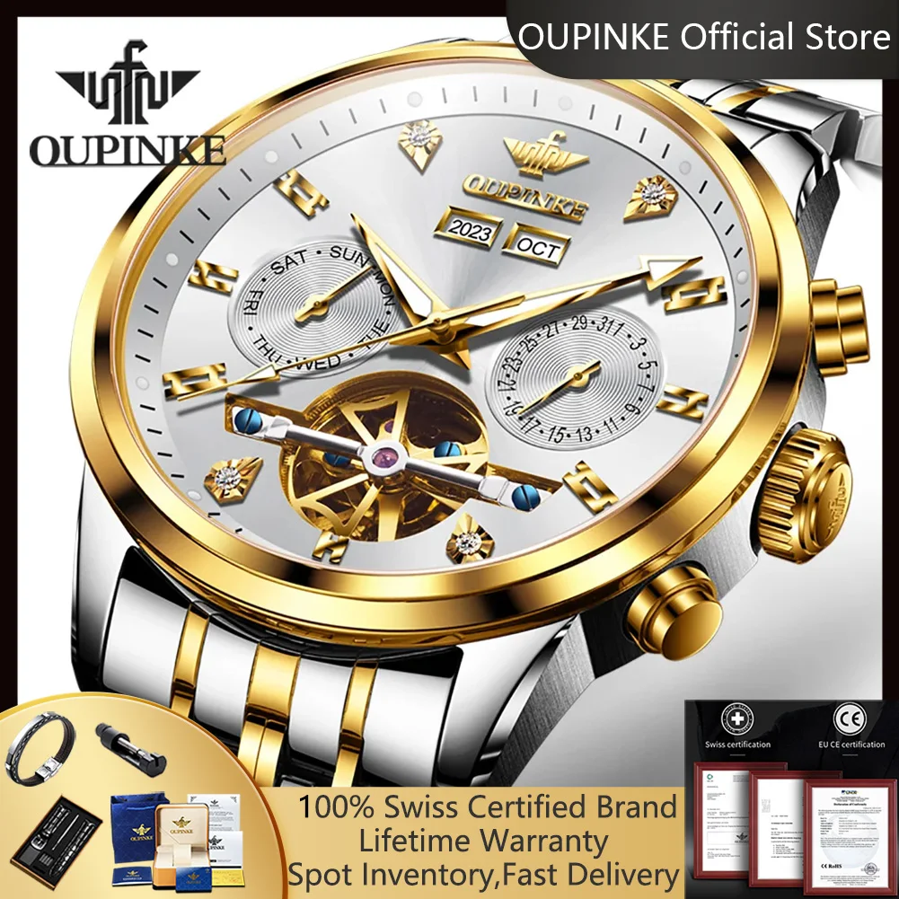 

Мужские автоматические часы OUPINKE 3248 Skeleton из нержавеющей стали, водонепроницаемые, с двойным календарем, люксовый бренд, для деловых мужчин.