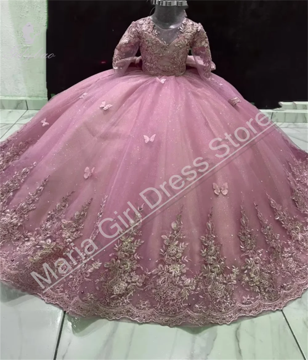 فستان فتاة الزهور المنفوش المخصص لحفلات الزفاف مزين بالدانتيل من التول مع ذيل حفلة عيد ميلاد الطفل بالتواصل الأول #4