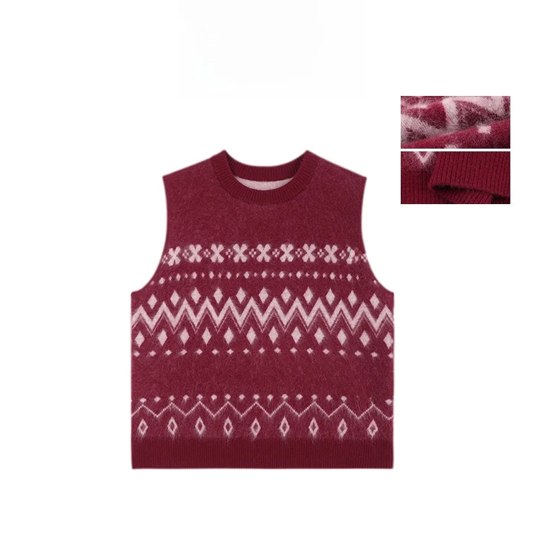 

Мягкий свитер свободного кроя с круглым вырезом Mannala Red Waed Fce Double Layer Thiened Color Blo Fair Isle Vest Soft Camere
