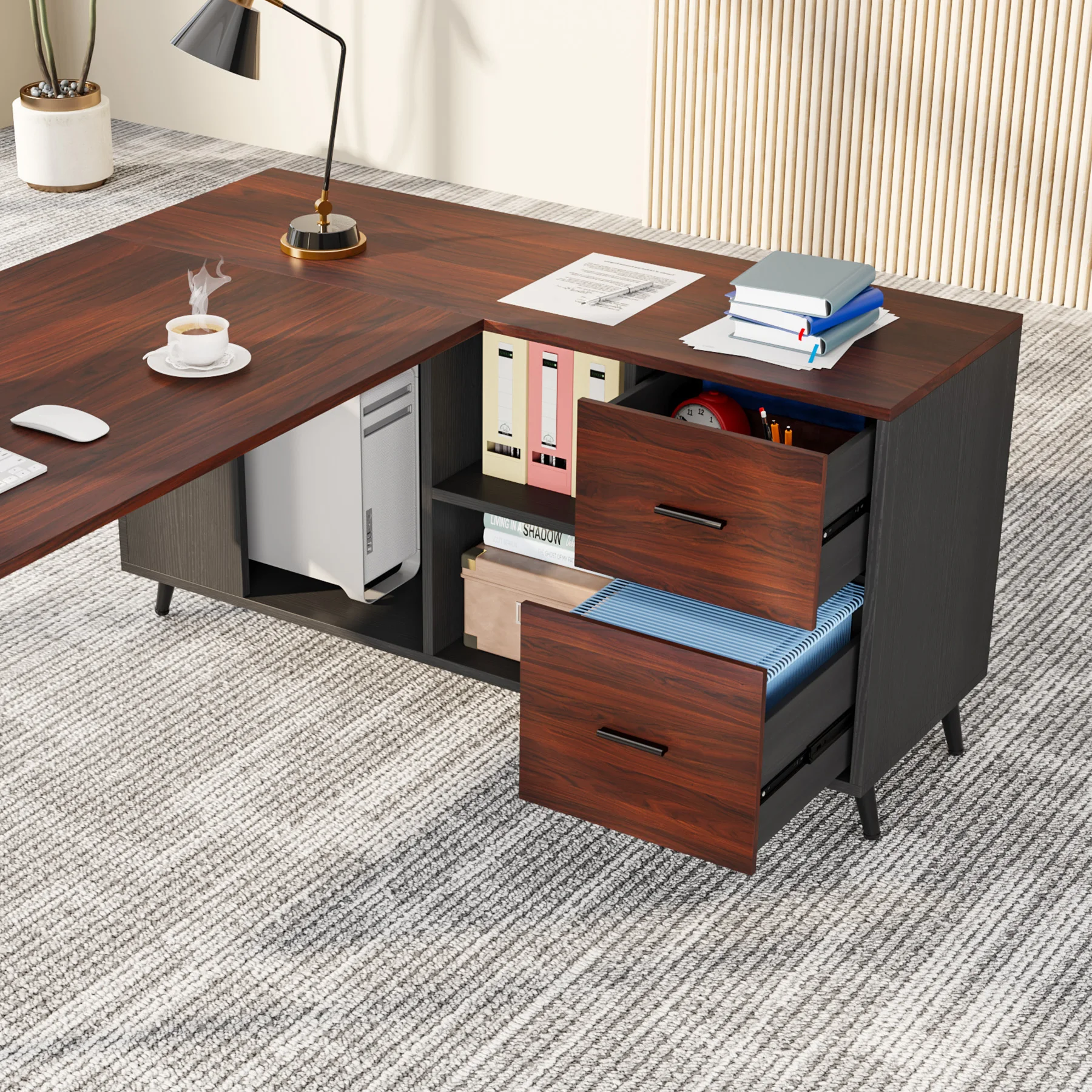 Tribesigns 87” Extra Large Executive Desk with 51” File Cabinet, L-Shaped Office Desk, Business Furniture Set