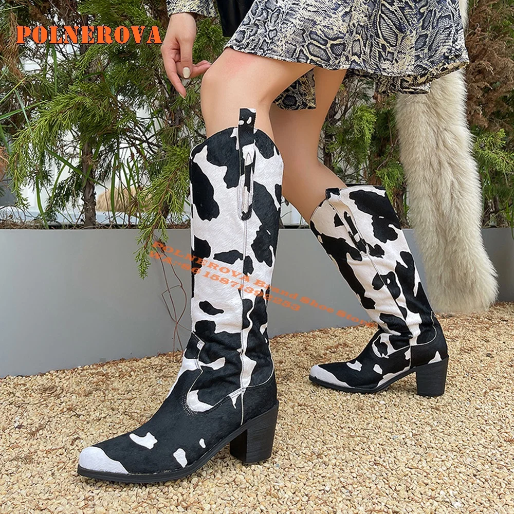 

Cow Pattern Horsehair Western Cowboy Boots Pointed Toe Block Heels Pull On Runway Show Women Knee High Boots Winter Autumn Trend